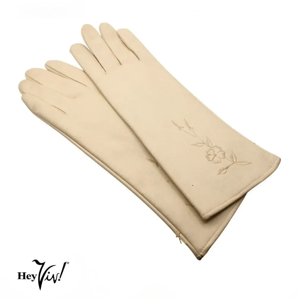 Vintage Max Myer Gloves Embroidered Ivory Vinyl w WT Grant Tag Japan - Hey Viv